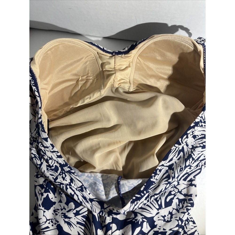 Shore Shapes Navy/Cream Tummy Control Skirted Ruched One-Piece Swimsuit Size 14 - Picture 10 of 10